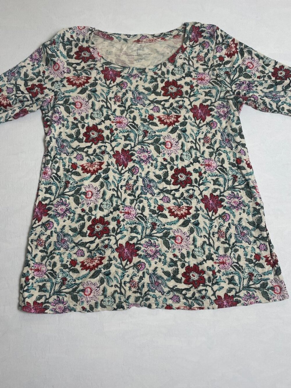 J JILL medium beige floral Pima scoop neck elbow sleeve top new